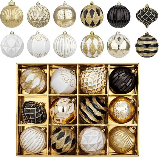 Hollyone 4 Inch Black & White & Gold Christmas Ornaments - 12 Pcs Shatterproof Tree Ornaments for Xmas Tree Decor & Party Wreath Home Decor