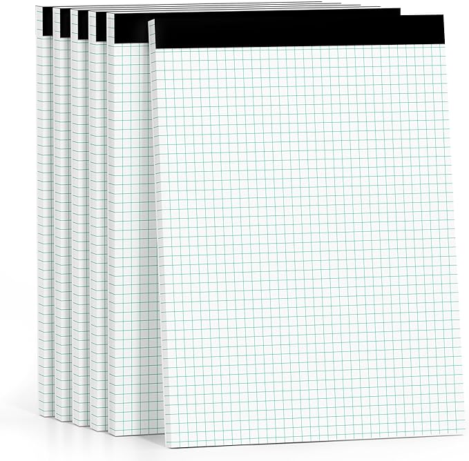 Graph Paper Pads 8.5 x 11, 4x4 Graph Ruled, 6 Pack 1/4 Graph Paper Notebooks, Grid Paper Pad Notebook 8-1/2" x 11" Graphing Paper, Perforated Quadrille Pad, 70GSM White Graft Paper Pads, 30 Sheets/Pad