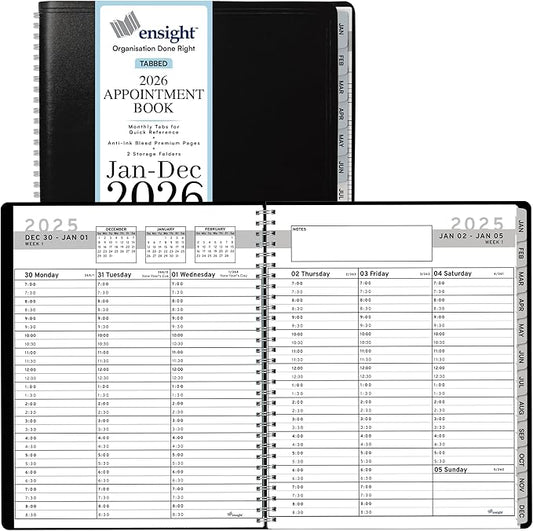 Ensight 2026 Appointment Book and Planner 6.5" x 8.5" Large Hourly Weekly Daily Schedule Book with Tabs, 30 Minute Time Slots, Black Calendar Organizer Jan 2026–Dec 2026 Appointment Planner - Black