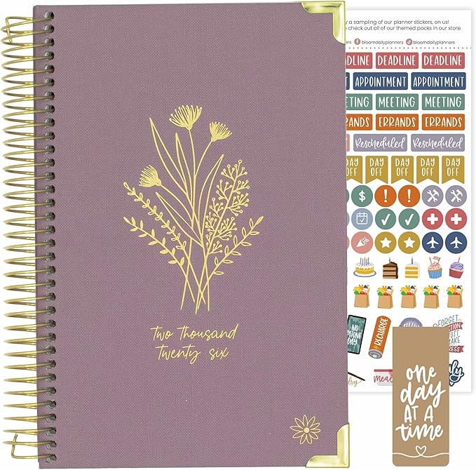 bloom daily planners HARDCOVER 2026 Planner (January to December) - A5 Task Goal Organizer - Monthly & Weekly Inspirational Agenda Book - 5.5" x 8.25" - Linen, Purple