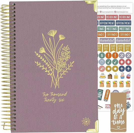 bloom daily planners HARDCOVER 2026 Planner (January to December) - A5 Task Goal Organizer - Monthly & Weekly Inspirational Agenda Book - 5.5" x 8.25" - Linen, Purple
