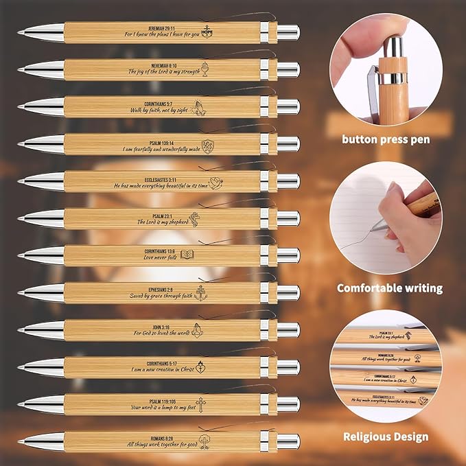 Bible Verse Pens 25 Pcs with 12 Christian Pens & 12 Refills & 1 White Pen Holder Bamboo Retractable Ballpoint Pens Inspirational Quote Pen Religious Gifts for Men Women