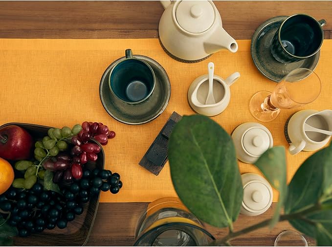 Solino Home Linen Tangerine Yellow Table Runner 120 Inches Long - 100% Pure Linen 14 x 120 Inch Table Runner - Fete