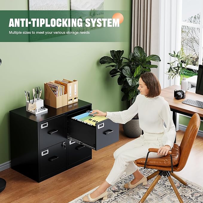 Letaya 2 Drawer File Cabinet with Lock,Metal Office Small Filing Cabinets for Home Office,Storage Letter,Black-Easy Assemble