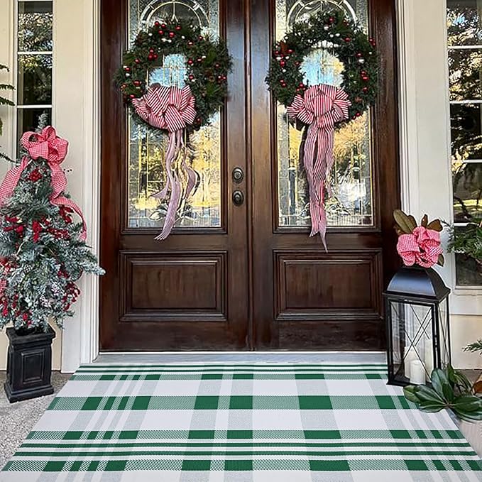 Christmas Plaid Outdoor Rug, 3' x 5' Green&White Checkered Indoor/Outdoor Area Rug, Layering Rug for Hello/Welcome Door Mat, Machine Washable Cotton Woven Rug for Farmhouse Front Porch, Entryway