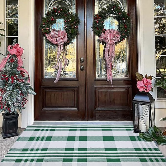 Christmas Plaid Outdoor Rug, 3' x 5' Green&White Checkered Indoor/Outdoor Area Rug, Layering Rug for Hello/Welcome Door Mat, Machine Washable Cotton Woven Rug for Farmhouse Front Porch, Entryway