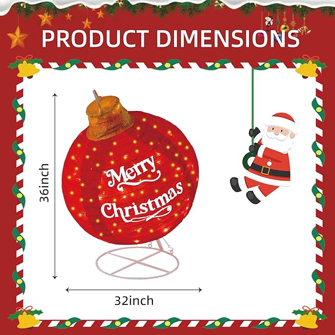 2-Pack Lighted Pop-Up Christmas Ball with 180 LEDs & 8 Light Functions, Holiday Yard Decor，Outdoor Christmas Decorations