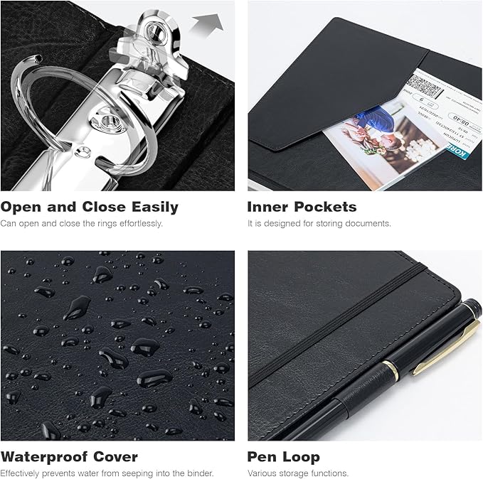 Ospelelf 3 Ring Clipboard Binder 1 Inch Leather for Letter Size (8.5" x 11"), Clipboard Binder with 5 Tab Dividers, Black