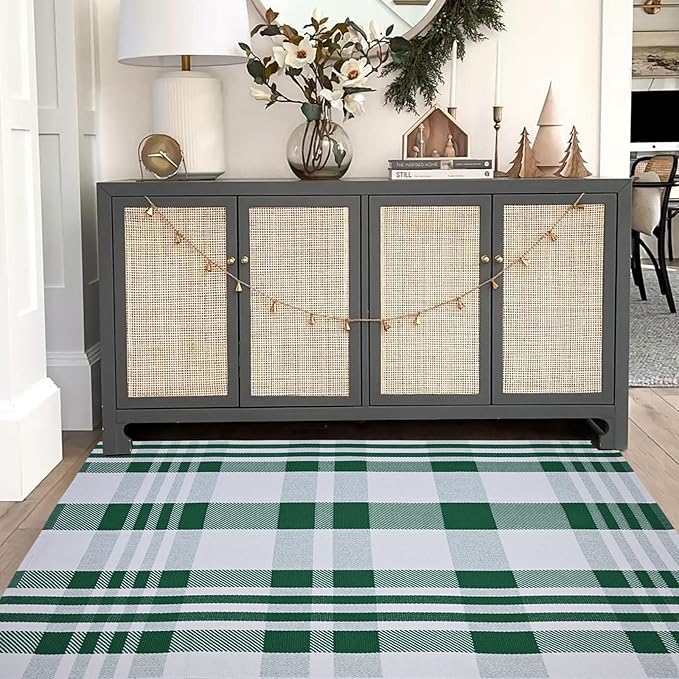 Christmas Plaid Outdoor Rug, 3' x 5' Green&White Checkered Indoor/Outdoor Area Rug, Layering Rug for Hello/Welcome Door Mat, Machine Washable Cotton Woven Rug for Farmhouse Front Porch, Entryway