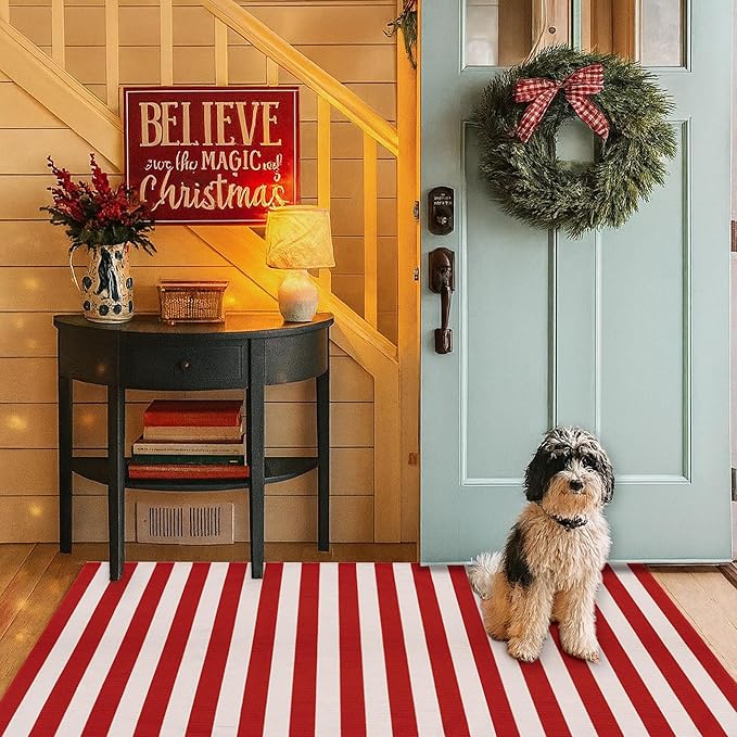 Christmas Red & White Striped Rug - 28 x 43 Inches Outdoor Front Door Decor Mat Cotton Washable Hand-Woven Rug Christmas New Year Holiday Porch Entryway Layered Doormat