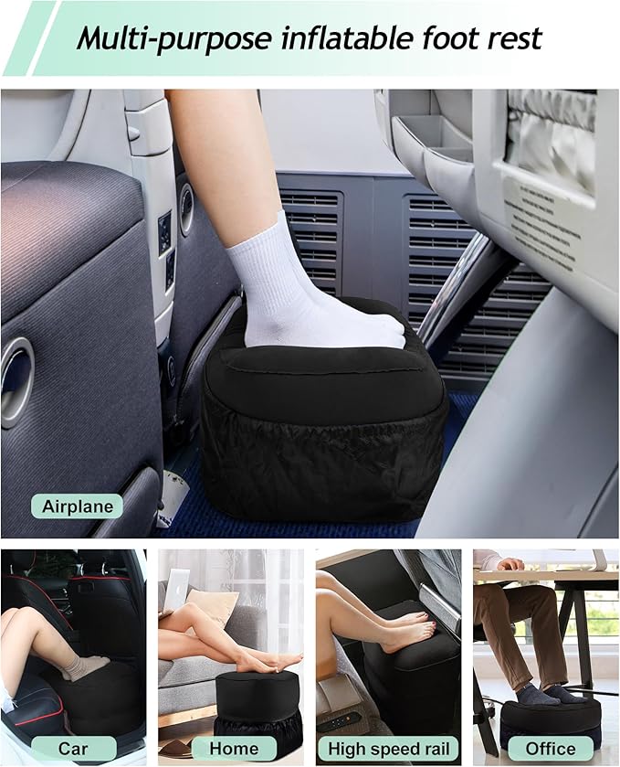 JefDiee Inflatable Travel Foot Rest Pillow, Kids Airplane Bed, Adjustable 3 Layers Height Leg Rest Pillow, Adults Travel Essentials Great for Airplane, Office, Home, Trains, Cars (Black)