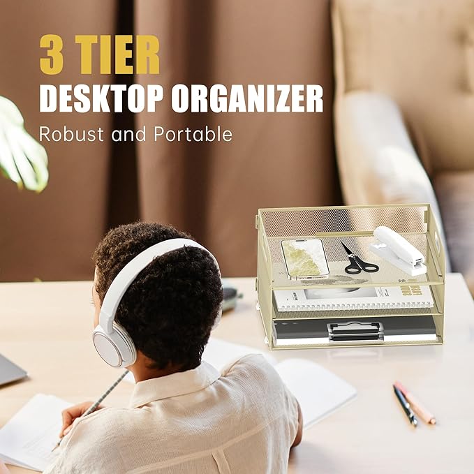 Daltack 3-Tier Paper Organizer with Handle, Mesh Desk Organizer Letter Tray, Paper Tray Organizer File Organizer for A4 File Folder, Golden Yellow