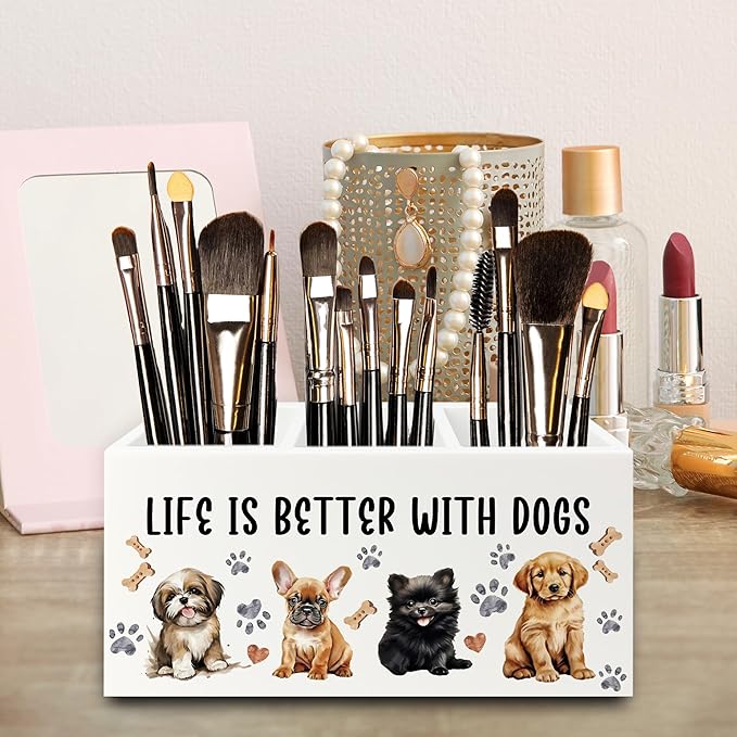 Dog Pen Pencil Holder Organizer for Desk, Dog Lovers Mom Gifts for Women, Life Is Better with Dogs Wooden Box Signs Decorations for Home Office Desk Tabletop, Gifts for Pet Lovers