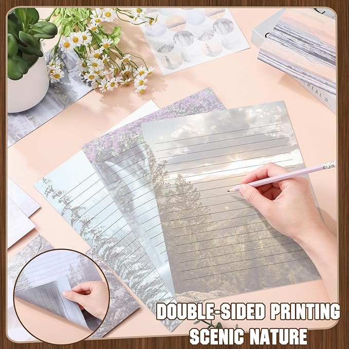 TaoBary 160 Pcs Stationery Paper Set 50 Double Sided Stationery Papers with 50 Matching Envelopes and 60 Round Dot Sticker, 10 Design(Natural Scenery,8.5 x 11 Inch)