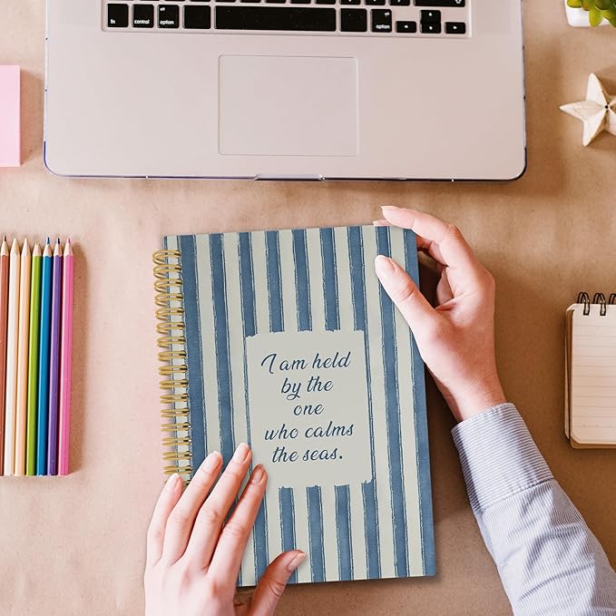 XPH Coastal Christian Spiral Notebook, Bible Verse Journaling Notebooks for Prayer, Blue Striped Religious Hardcover Journal for Writing 160 Pages 5.5 x 8.3 Inch, Christian Gifts for Women Men