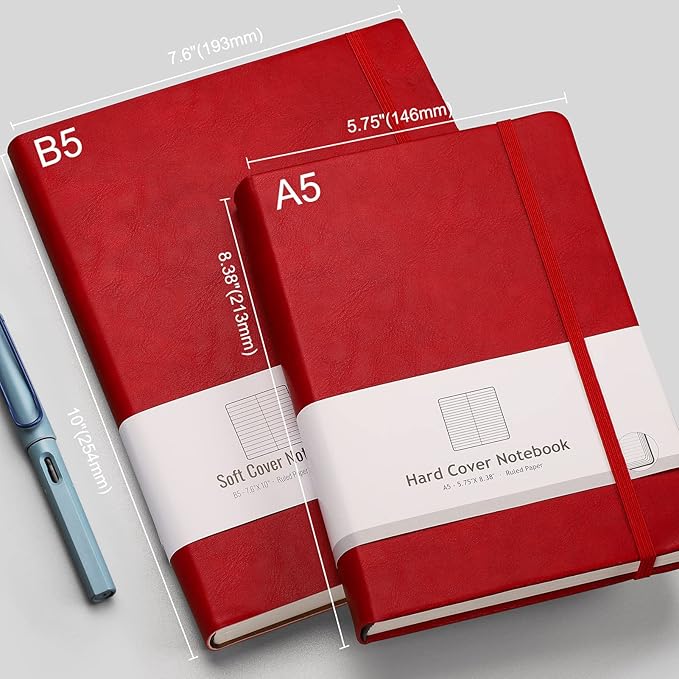 AHGXG Lined Journal Notebook - 320 Numbered Pages Large B5 Thick College Ruled Journal, 100gsm Thick Lined Paper, Faux Leather Softcover, for Work School, 7.6'' X 10''-Red