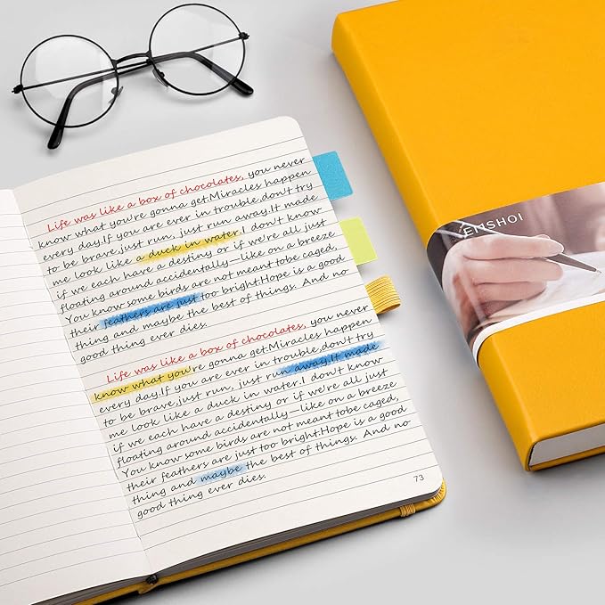 EMSHOI College Ruled Notebook 120gsm Thick Lined Journal - 256 Numbered Pages, A5 Hardcover Leather Writing Notebook for Work, School, Travel - with Sticky Notes, 5.75"x8.38", Yellow