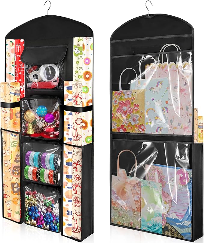 Hanging Gift Wrapping Paper Storage, 40"X17" Black Double-Sided Christmas Wrapper Bag Container, Oxford Craft Roll Organizer, Present Wrap Holder for Bedroom Closet, Door, Cabinet