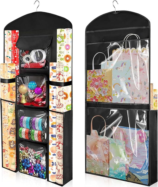 Hanging Gift Wrapping Paper Storage, 40"X17" Black Double-Sided Christmas Wrapper Bag Container, Oxford Craft Roll Organizer, Present Wrap Holder for Bedroom Closet, Door, Cabinet