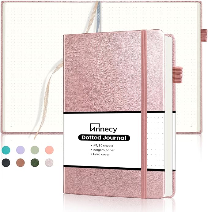 Annecy Numbered Bullet Dotted Journal Notebook, Medium 5.5x 8.25, 160 Pages 100GSM Writing Paper, A5 Rose Gold Faux Leather Cover with Pen Loop