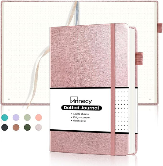 Annecy Numbered Bullet Dotted Journal Notebook, Medium 5.5x 8.25, 160 Pages 100GSM Writing Paper, A5 Rose Gold Faux Leather Cover with Pen Loop