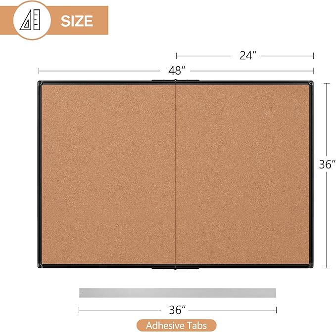 Board2by Cork Board Bulletin Board 36 x 48, Foldable Notice Pin Board for Wall, Black Aluminum Framed 4x3 Corkboard, Large Wall Mounted Office Board with 36 Push Pins for School & Home