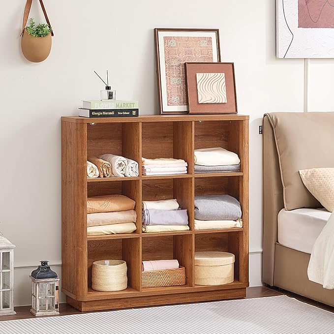 9 Cube Storage Book Shelf, 41" Tall Organizer Bookshelf with Curved Edge, Wood Floor Standing 3-Tier Cubby Bookcase with Base, Country Rustic Display Book Case for Library, Office, Brown