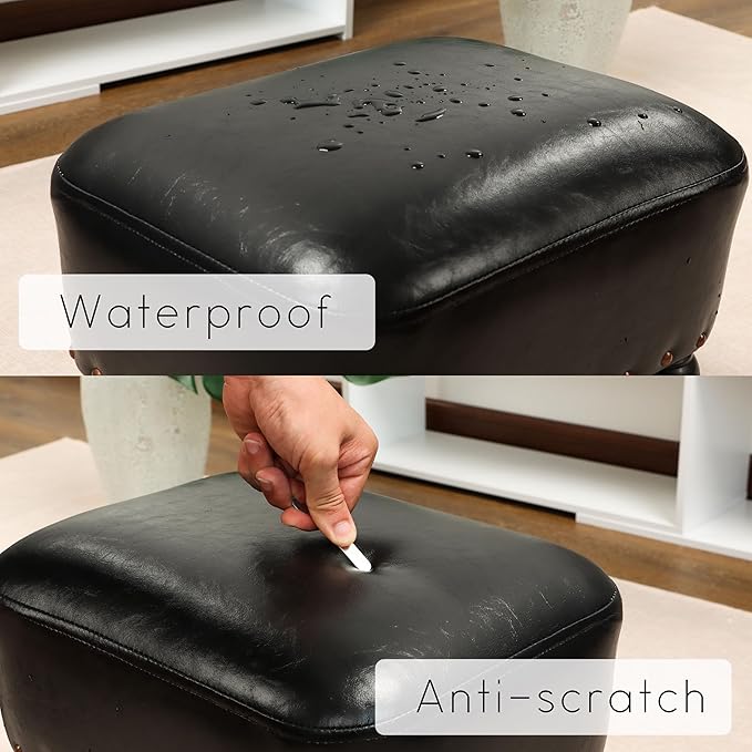 Ottoman Leather Foot Rest with Thicker Foam Padded Seat, Footstool with Wooden Legs (Black)