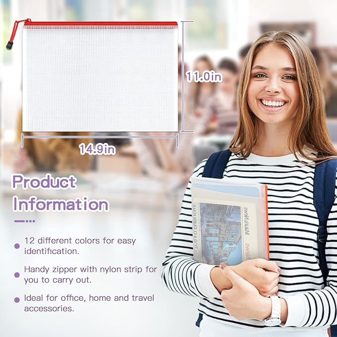 Umriox Mesh Zipper Pouch, 14.9x11.0 in (12 Colors, 36 Packs), Zipper Bags, Board Game Storage Bags, Clear Zipper Pouches for Puzzles, Games, Cross Stitch Projects and Classroom Supplies