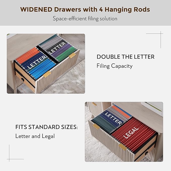 T4TREAM 2 Drawer File Cabinet, 31.8" W Fluted Lateral File Cabinet w/Files Hanging Rod for Letter/Legal/A4, Large Tabletop for Printer, Office Wood Printer Cabinets, Alder White (Gen 2)