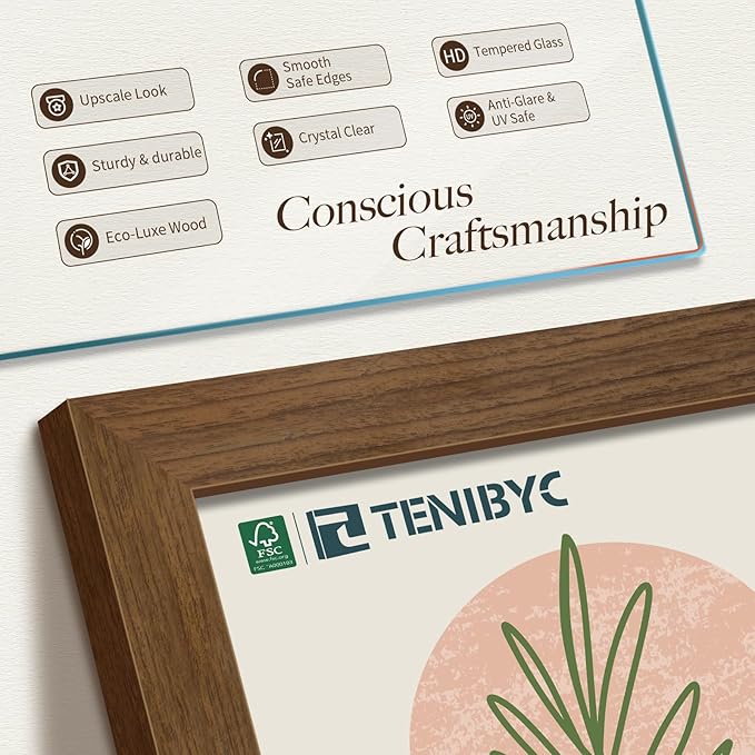 8x10 Picture Frame Set of 4, Brown Wood Grain, HD Tempered Glass, 8 x 10 Photo Frame, Table or Wall Display, Office Decoration