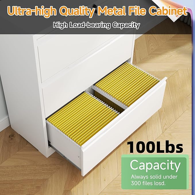3 Drawer Lateral File Cabinets with Lock,Metal Filing Cabinet for Home Office,Wide Office Storage Cabinet with Hanging Bars for A4 Legal/Letter Size(White-Easy Assembly)