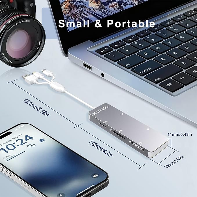 Aluminum 5-in-1 Memory Stick Pro Duo Adapter for iPhone/PC/Android, Lightning USB C USB A Multi Card Reader for SD/TF/CF/MS/XD Cards, High-Speed Data Transfer for Camera/GoPro/Drone