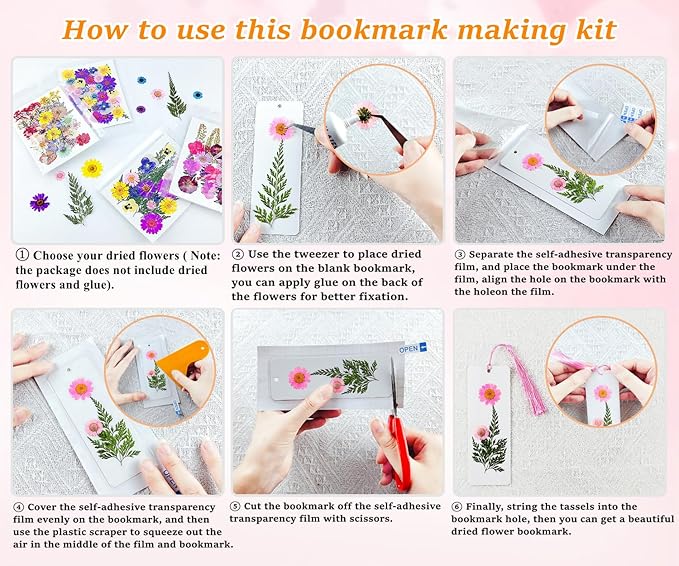 Bookmark Making Kit for Dried Flowers, 20 Pcs White Kraft Blank Book Marks for Pressed Flowers