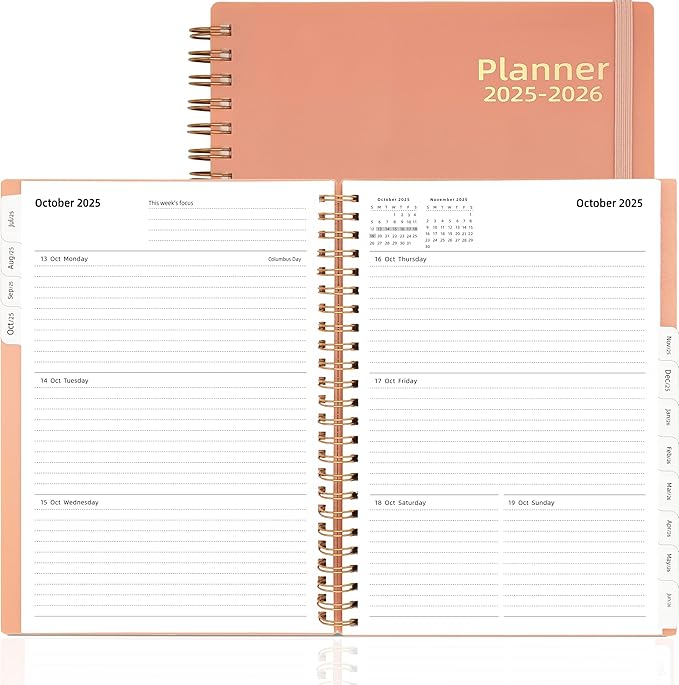 Day Planner 2025-2026, Jul.2025-Jun.2026, 6.2" x 8.4", 2025 Planner Weekly and Monthly, 2025 Agenda Planner with Tabs & Pocket, 100GSM Thick Paper, Pink