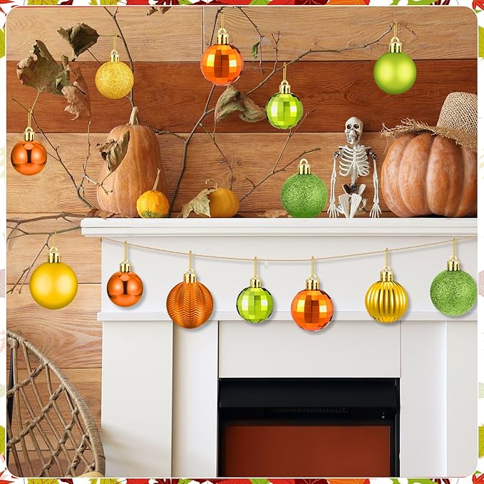64 Pcs Fall Ball Ornaments Matt Glitter Lime Green Gold Orange Tree Ornament 1.6/1.97/2.4 Inch Autumn Thanksgiving Hanging Bulbs Fall Decorations for Home Tree Holiday Office Party Decor