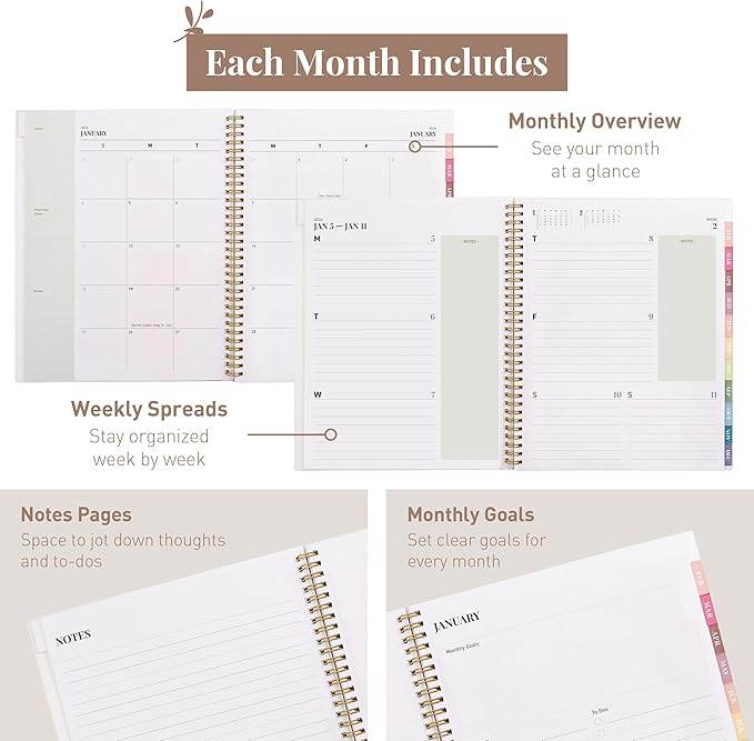 Rileys 2026 Planner, Agenda Planner With Weekly And Monthly View, Daily Agenda Book And Yearly Planners Calendar Book, Spiral Bound With Tabs, Notes, Goals And Holidays (Green, 8.5 x 11 in)