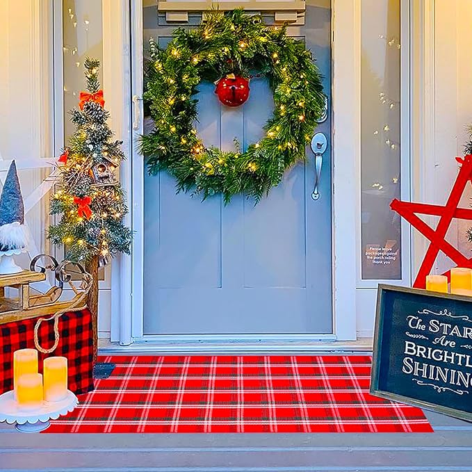 Ckorzen Red Green and White Plaid Rug, 2' x 4'3" Christmas Front Porch Outdoor Rug, Handwoven Cotton Washable Rug for Layered Door Mats, Holiday Entryway and Home Décor