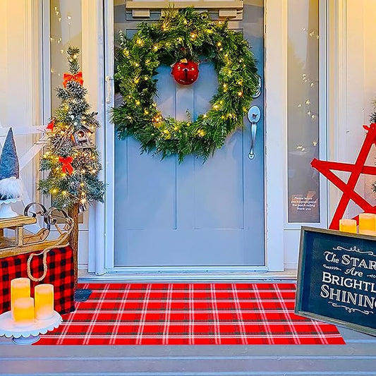 Ckorzen Red Green and White Plaid Rug, 2' x 4'3" Christmas Front Porch Outdoor Rug, Handwoven Cotton Washable Rug for Layered Door Mats, Holiday Entryway and Home Décor