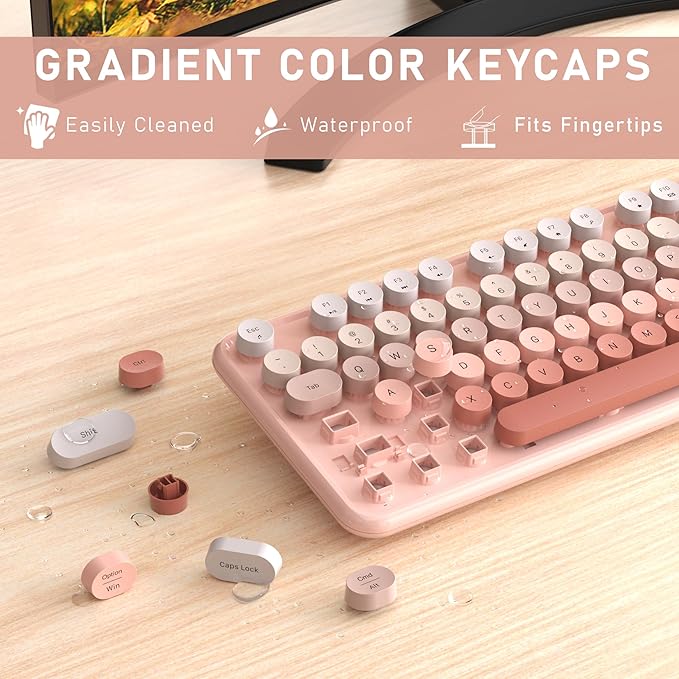 Wireless Keyboard and Mouse, Full-Size Retro Typewriter Keyboard with Round Keycaps, 2.4GHz for Windows, Mac, Laptop, PC, Desktop (Peach Gradient)