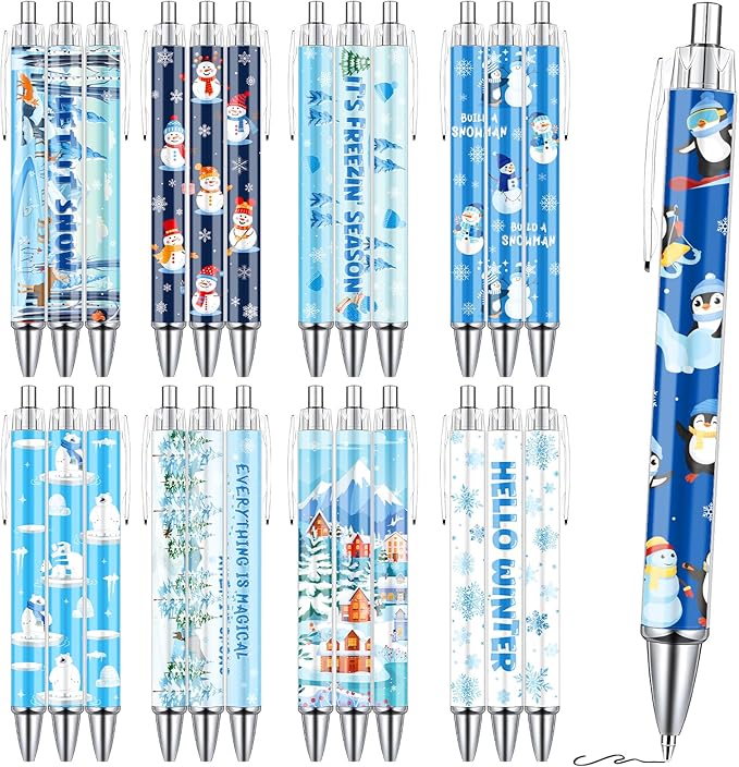 Hello Winter Ballpoint Pens -36 Pcs Polar Bear Snowman Penguin Pens Set Retractable Smooth Writing Pen Bulk Gifts for Men Women Office Classroom Home Bookish Students Teacher Christmas Gift
