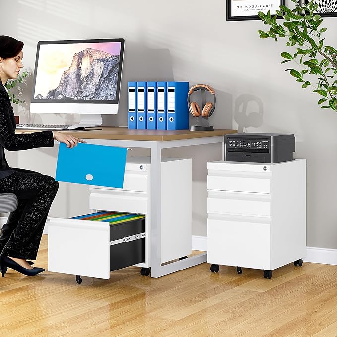 3 Drawer File Cabinet with Wheels,Under Desk File Cabinet with Lock,White Rolling Filing Cabinet,Three Drawer Metal Filing Cabinets for Home Office,Fit A4/Letter/Legal,Fully Assembled Except Casters