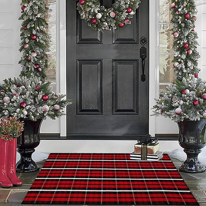 Christmas Plaid Outdoor Rug, 2'4" x 3'7" Red & Black Check Indoor/Outdoor Area Rug, Layering Rug for Hello/Welcome Door Mat, Machine Washable Cotton Woven Farmhouse Mat for Front Porch Décor