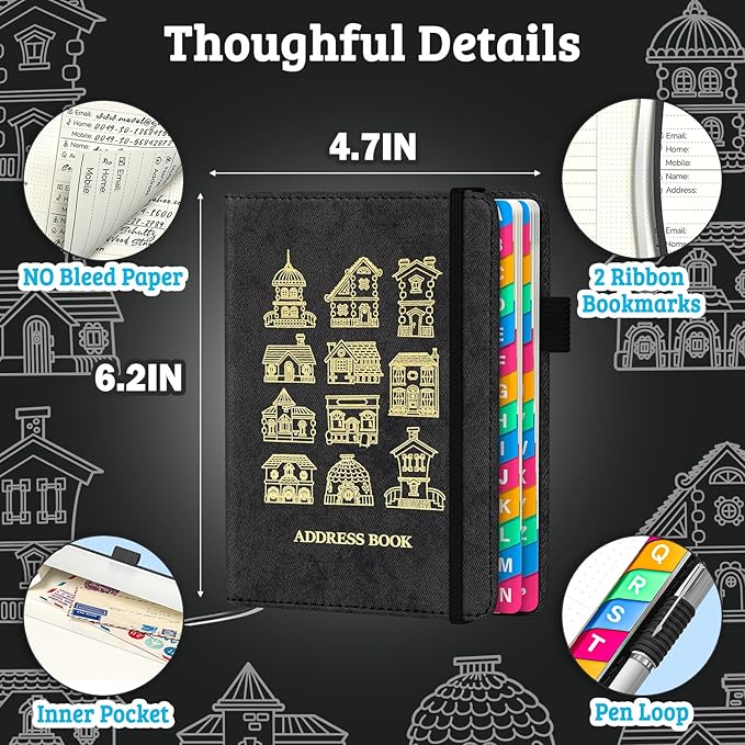 Address Book with Colorful Alphabetical Tabs (4.7" X 6.2") – Telephone Address Contact Book for Seniors, Address Book with Space for Website Address and Internet Passwords (Black)