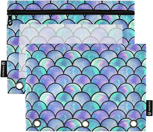 ALAZA Pencil Pouch for 3 Ring Binder, Rainbow Mermaid Scale Binder Pencil Pouches with Clear Window Zipper Pencil Case Cosmetic Bags for Office College Supplies, 2PCS
