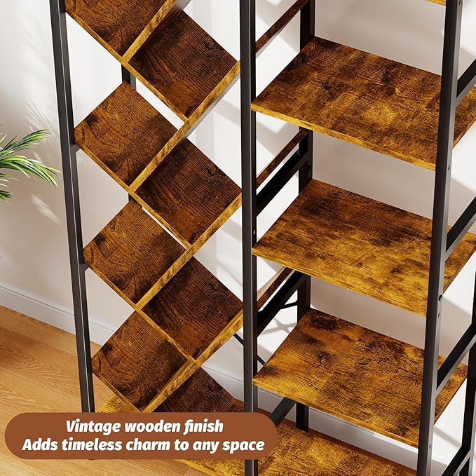 5-Tier Double Wide Bookshelf 67" , Industrial Tree BookShelves, Vintage Storage Rack with 14 Open Shelves, Large Bookcase, Wooden and Metal Bookshelves, Wide Display Rack for Home Office Decorative