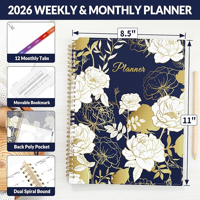 SUNEE 2026 Weekly and Monthly Planner - from January 2026 - December 2026, 8.5"x11" Daily Agenda Planner with Monthly Tab, Flexible Cover, Note Pages, Pockets, Bookmark, Spiral Binding, Dark Blue