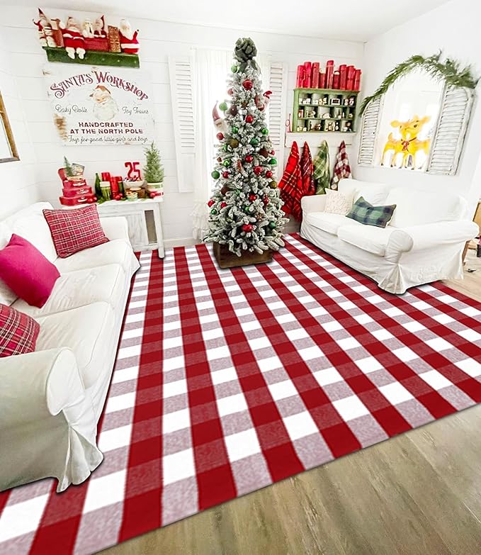 Ckorzen Red and White Plaid Rug, 8' x 10' Christmas Front Porch Outdoor Rug, Handwoven Cotton Washable Rug for Layered Door Mats, Holiday Entryway and Home Décor