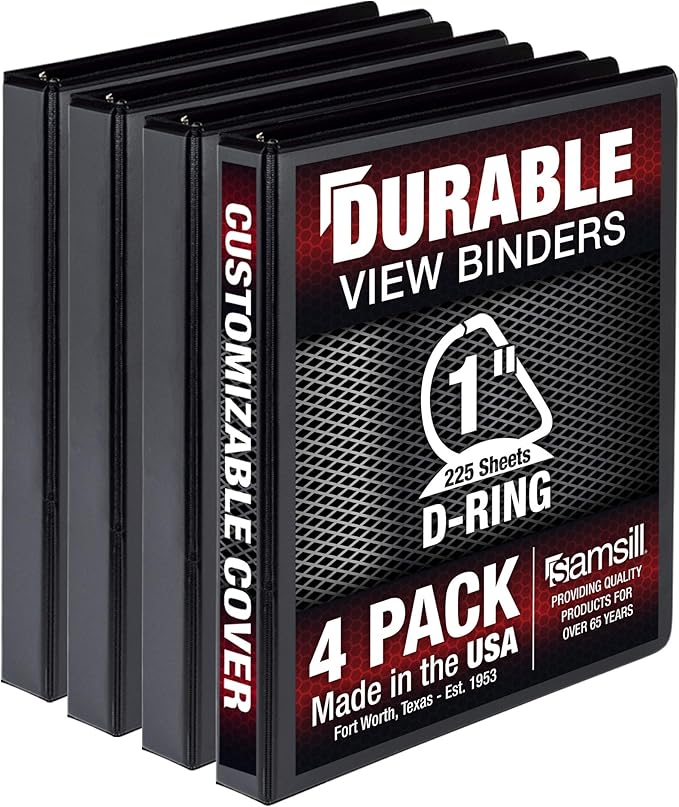 Samsill Durable 1 inch 3 Ring Binder, Made in USA, D Ring Binder, FSC 100% Recycled Chipboard, Black, 4 Pack