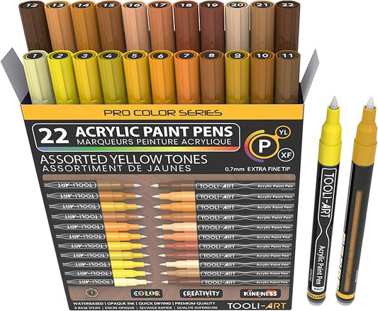 Acrylic Paint Pens 22 Yellow & Brown Tones Assorted Pro Color Series Markers Set 0.7mm Extra Fine Tip for Rock Painting, Glass, Mugs, Wood, Metal, Canvas, Projects, Non Toxic, Waterbased, Quick Drying
